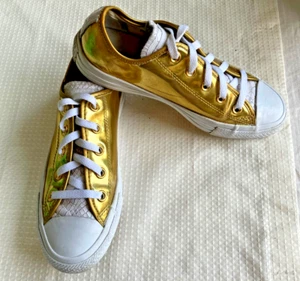 Converse All Star Leather Gold/White Snake Skin Design Sneakers Size UK 4 - Picture 1 of 9