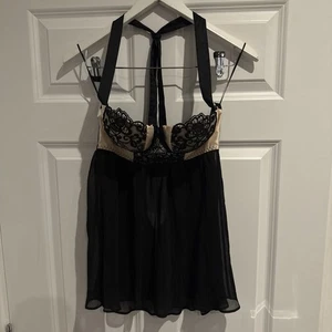 ANN SUMMERS Lingerie Top 16 Cream Black Lace Trim Sexy Satin Padded Night Cami - Picture 1 of 5