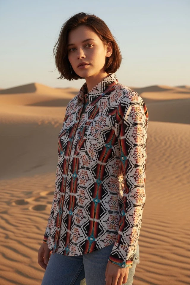 Rock & Roll Denim Southwestern Aztec Snap Button Junior/Youth Shirt Top  - Image 1 of 4