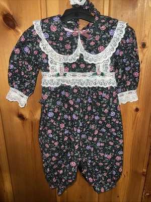 Mameluco burbuja niña 2T vintage conjunto casero con encaje manga larga/diadema Foto 1 de 4