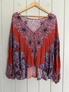Free People Top M Medium Orange Blue Birds Of A Feather Boho V-Neck Buttons - Picture 1 of 6