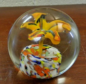 Vintage Murano italienische Kunst Glas Millefiori orange Lilie Briefbeschwerer - schön! - Bild 1 von 4
