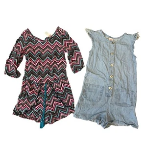 Girl’s Rompers 2 Outfits Sz 6 Justice Wonder Nation Zig Zag Denim Jean Spring - Picture 1 of 9
