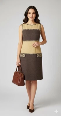 Worth Tweed Wool Silk Blend Colorblock Shift Dress Brown Tan Plaid Trim Sz 6 - Image 1 of 4