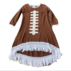 Girls Football Print Fringe Dress Size L 4 5 Season Tailgate Party Brown White - Picture 1 of 5