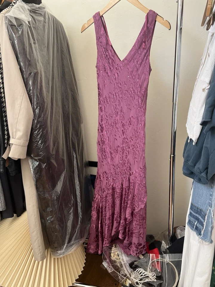 Vintage ALEX EVENINGS Petite Magenta Velvet Beaded Silk Ruffle Dress Size 12P - Image 1 of 4