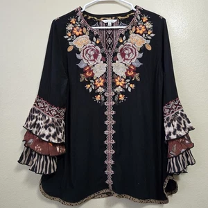 JOHN MARK Damen bestickte Tunika Bluse schwarz Rüschenärmel Boho Größe S - Bild 1 von 13
