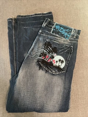 Vintage Akademiks Jeans Men’s 38 Embroidered Hip Hop Grunge Skater Baggy Wide Le - Image 1 of 4