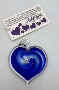 Hand Blown Blue Art Glass Heart Sun Catcher Signed Joseph P Taylor - Picture 1 of 4