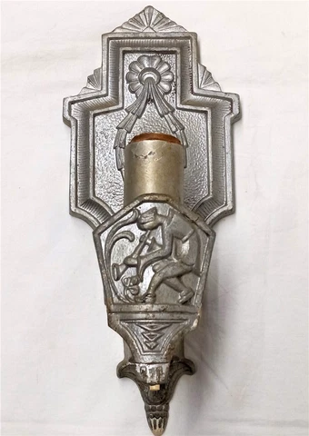 ANTIQUE WALL SCONCE CAST METAL ALUMINUM BOY PLAYING HORN ART DECO, SINGLE Cover