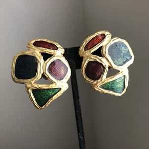 Vintage Enameled Royal Colors Matte Gold STATEMENT 80s 90s Clip On Earrings - Picture 1 of 17