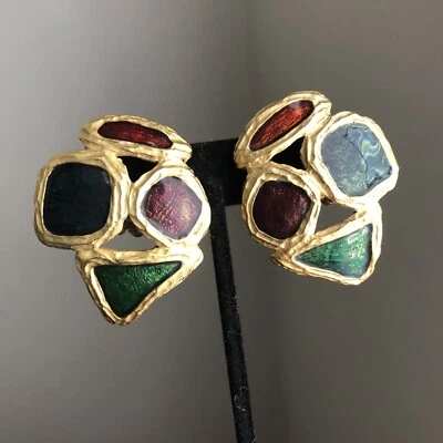 Vintage Enameled Royal Colors Matte Gold STATEMENT 80s 90s Clip On Earrings - Image 1 of 4