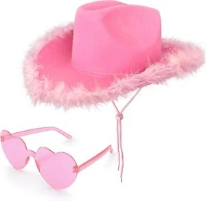 Pink Cowboy Hat with Heart Shaped Sunglasses,Pink Cowgirl Feather... - Picture 1 of 7