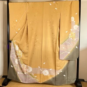 K3011354 Japanese Kimono Silk Furisode Flower Pattern Yellow - Imagen 1 de 11