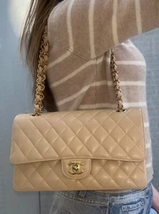 CHANEL 23S Classic Medium Double Flap Caviar Quilted Handbag Beige Clair GHW - Picture 1 of 20