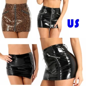Women PVC Leather Skirts Wet Look High Waist Zipper Bodycon Short Dress Club - Picture 1 of 31