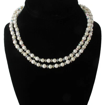 Collar Gargantilla Ajustable Dos Hilos Blanco Imitación Perla Transparente Cuentas Iridiscentes 16" Foto 1 de 4