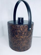 Ice Bucket Irvinware Dark Brown Faux Tooled Leather Floral Design 7.5" USA EUC