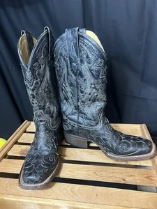 Corral Boots Black Leather Snake Inlay Cowboy Embroidered Distressed. Women’s 7. - Picture 1 of 14