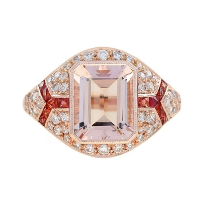 Anillo de compromiso de diamantes de zafiro naranja morganita natural de oro rosa de 18 quilates Foto 1 de 4