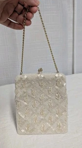 Vintage Abendtasche Saatperlen Perlen Elfenbein Gold Kiss Lock Handarbeit in Korea - Bild 1 von 14
