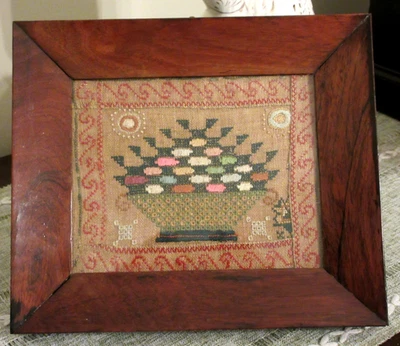 Stunning Antique 1800s Theorem Basket Sampler - Image 1 of 4