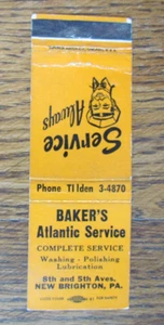 CUBIERTA BAKER'S ATLANTIC GASOLINERA MATCHBOOK: NUEVA BRIGHTON, PA MATCHCOVER -A1 - Imagen 1 de 2