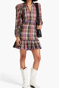 Veronica Beard Destiny Crinkle Plaid A-Line Dress size 16 NWT Olive/Pink V-Neck - Picture 1 of 12