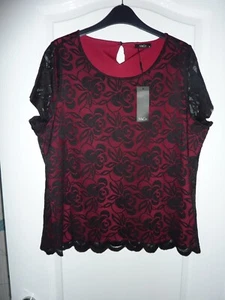 BRAND NEW LADIES RED & BLACK FLORAL LACY CAP SLEEVED TOP SIZE 16 BY M&CO - Picture 1 of 2