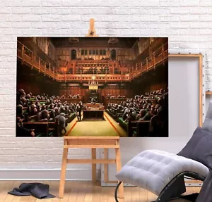 BANKSY MONKEY PARLIAMENT - DEEP FRAMED CANVAS WALL ART PICTURE PRINT SEPIA - Picture 1 of 3