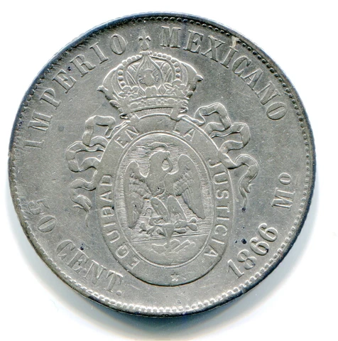 Mexico 50 Centavos of Maximiliano  1866 Mo KM387 very rare low mintage lotju4734 Cover