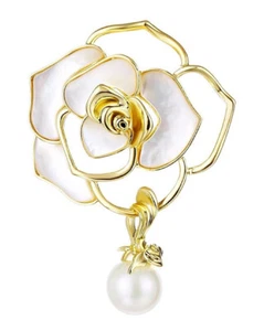 Natural 9-10mm White Pearl Crystal Shell Camellia Brooches 18KGP For Women - Picture 1 of 9