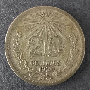 1920 Mexico 20 Centavos Silver Coin - Ships Free - Picture 1 of 2