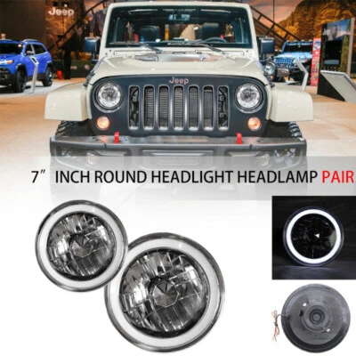 7" INCH ROUND WHITE HALO GLASS PROJECTOR HEADLIGHTS HEADLAMPS - Image 1 of 4
