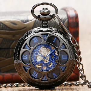 Luxury Mens Pocket Watch Mechanical Black Steampunk Skeleton Retro Chain - Picture 1 of 12