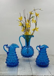 ANTIQUE Hobbs Brockunier DEW DROP PITCHERS Blue SAPPHIRE Set of 3 C. 1864-1893 - Picture 1 of 16