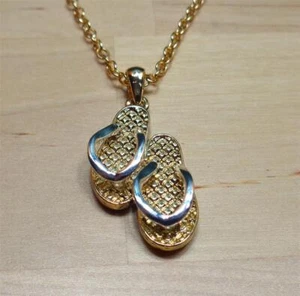BEACH FASHION GOLD TONE RHODIUM DOUBLE FLIP FLOPS PENDANT NECKLACE & EARRINGS - Picture 1 of 11