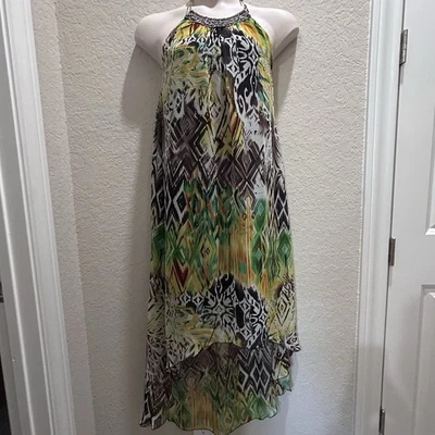 ALLEN B Allen Schwartz Chiffon Halter Dress Sz 4 Beaded Yoke Tribal Print - Image 1 of 4