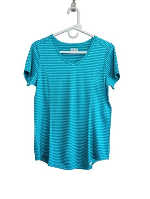 Camisa Duluth Trading Mujer Armachillo Manga Corta Cuello en V Verde azulado Rayas Talla Pequeña Foto 1 de 4