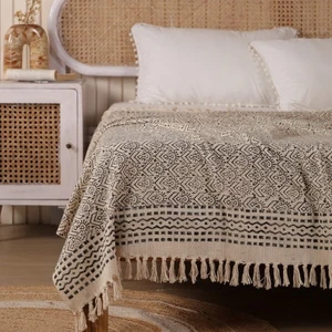 Natural Cotton Sofa Bed Twin Throw 50x60 inch Boho Handcrafted Tasseled Blanket - Picture 1 of 10
