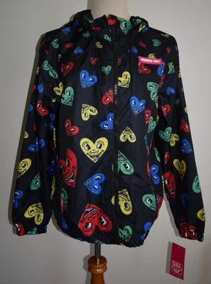 New Womens Members Only Keith Haring Jacket Large Black Hearts Hooded Zip Front - Image 1 of 3