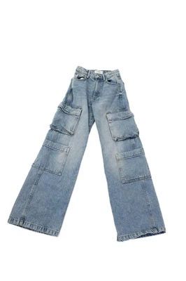 Jeans de mezclilla de algodón para mujer cargo pierna ancha cremallera mosca azul talla 0 Foto 1 de 4