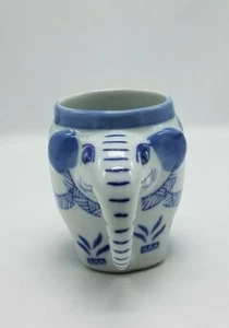 Vintage Pier 1 Good Luck Elephant Porcelain Mug Blue White Trunk Handle - Picture 1 of 12
