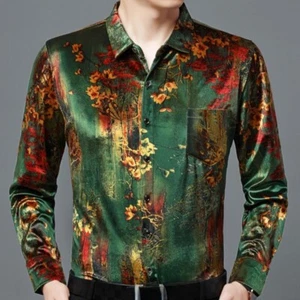 Flower Velvet Floral Men Blouse Shirt Tops Casual Printed Jacket Chinese - Picture 1 of 15