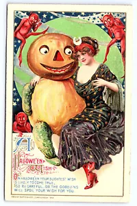 Halloween Postkarte Dame mit Riesenkobold rote Wichtel Winsch/Schmucker KB10 - Bild 1 von 2