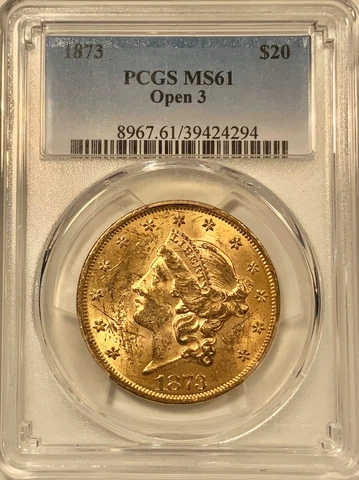 1873 MS61 PCGS $20 Liberty US Gold Coin Open 3  FREE EXPRESS MAIL SHIPPING Cover