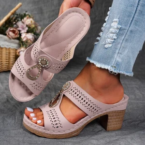 Mujer* Sandalias de tacón ortopédicas con estrás, zapatos de tacón bloque con estrás de flores. - Imagen 1 de 17