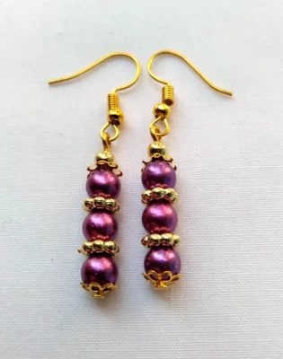 Pendientes Hechos a Mano Púrpura Gancho Gota Tono Dorado Ligeros Boho Chic  Foto 1 de 4