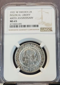 1921 SWEDEN SILVER 2 KRONOR 2K POLITICAL LIBERTY 400TH ANNIVERSARY NGC MS 65 GEM - Picture 1 of 3