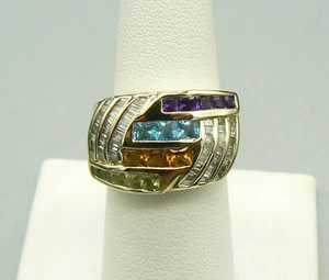 14k Yellow Gold Blue Topaz Amethyst Peridot Citrine & Diamond 9.07 gr Ring Sz 7 - Picture 1 of 9